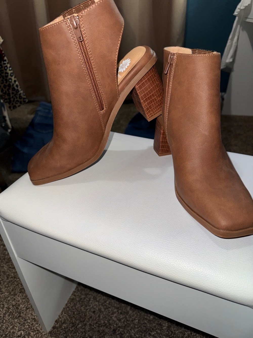 Yellow Box Tan Faux Leather Block Heel Ankle Booties